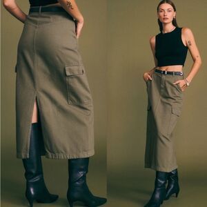 Reformation Maggi Cargo Pocket Midi Skirt Olive Green Safari Rugged Size 26